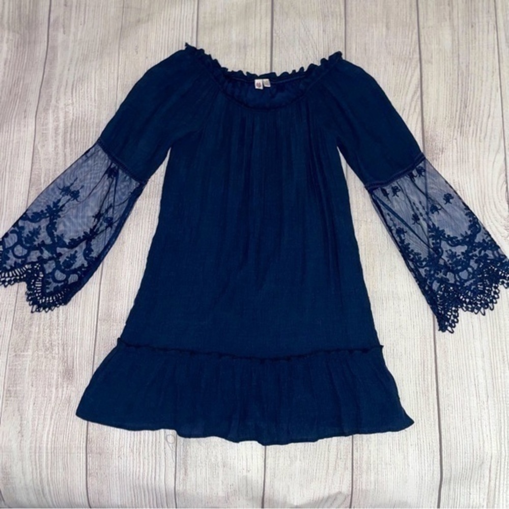 AUW Women’s Navy Blue Dress with Lace And Sheer Sleeves Size Small